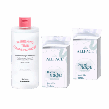 Набір для зняття макіяжу – міцелярна вода UNLEASHIA та ватні пафи ALL FACE
